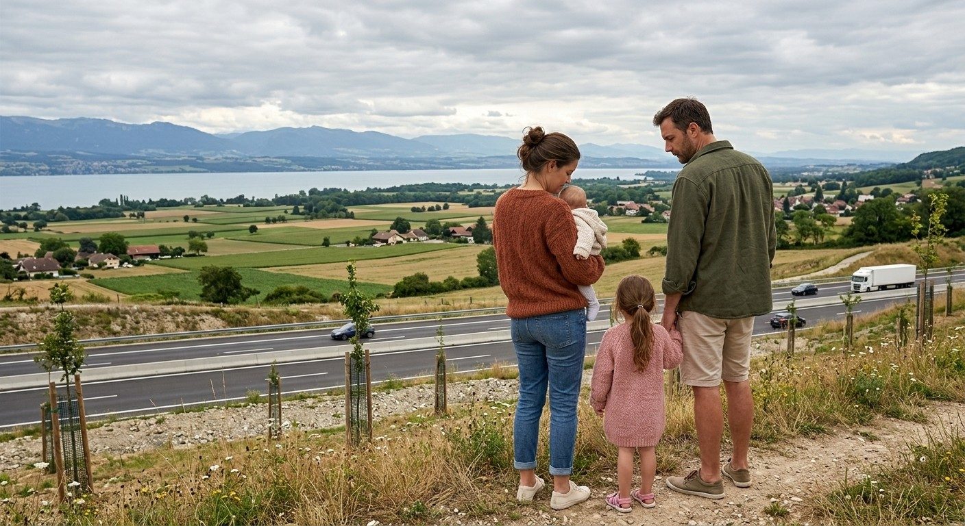 Image d’illustration : une famille de dos, un père, une mère portant un bébé et une petite fille, regarde une autoroute bordée de jeunes arbres, avec des champs, des villages et le Léman au loin