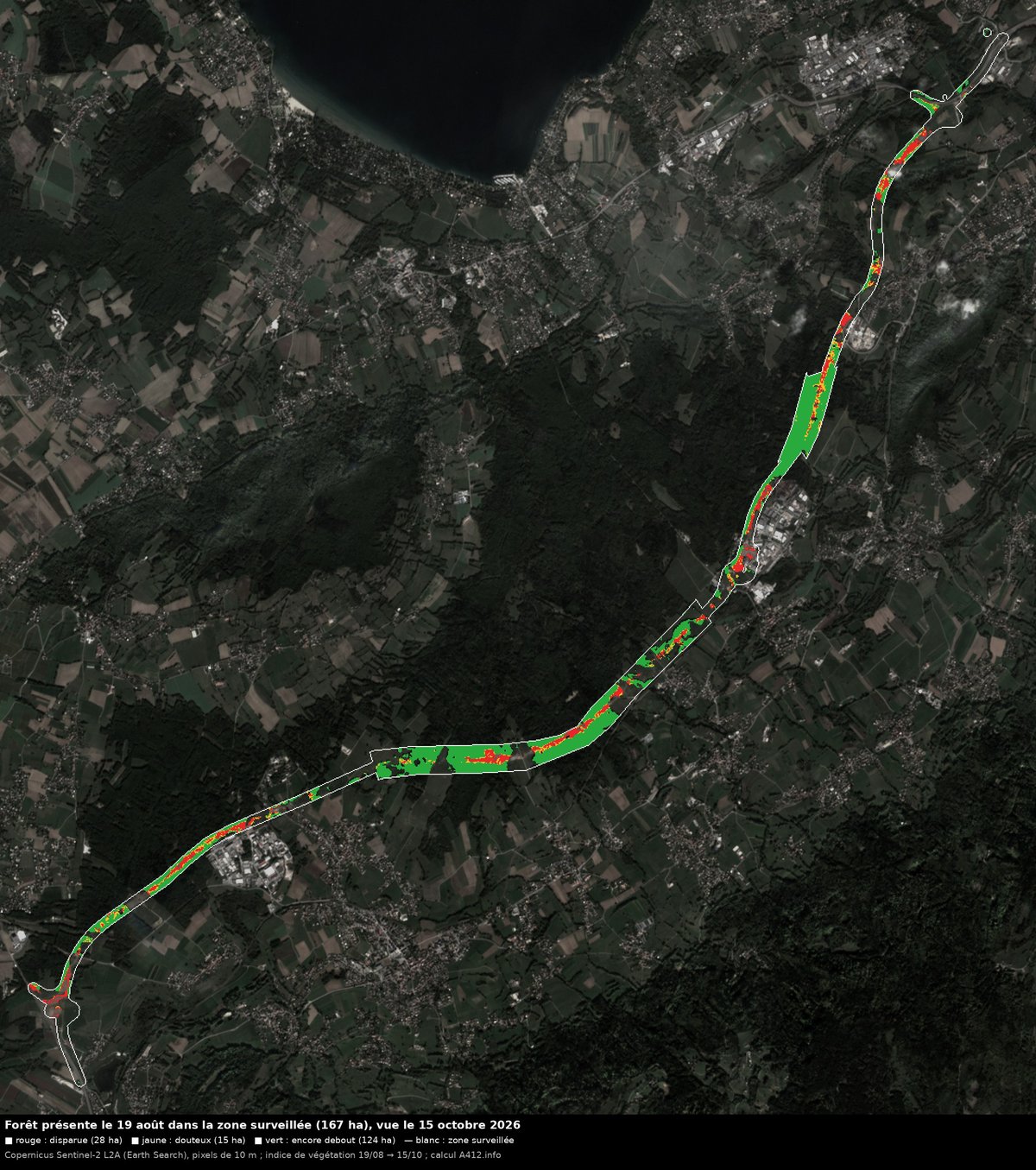 Carte du tracé de l’A412, de Machilly à Anthy, vue par le satellite Sentinel-2 le 15 octobre 2026 : en rouge la forêt présente le 19 août et disparue (28 ha), en jaune les zones douteuses (15 ha), en vert la forêt encore debout (124 ha)